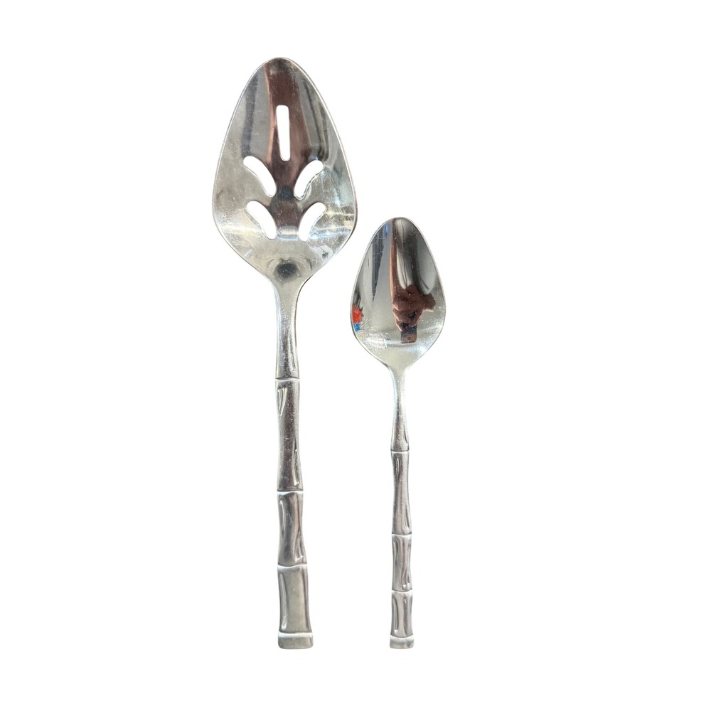 Lot 2 Vintage Bamboo Stainless Steel Spoons Slotted Serving Teaspoon Korea MCM